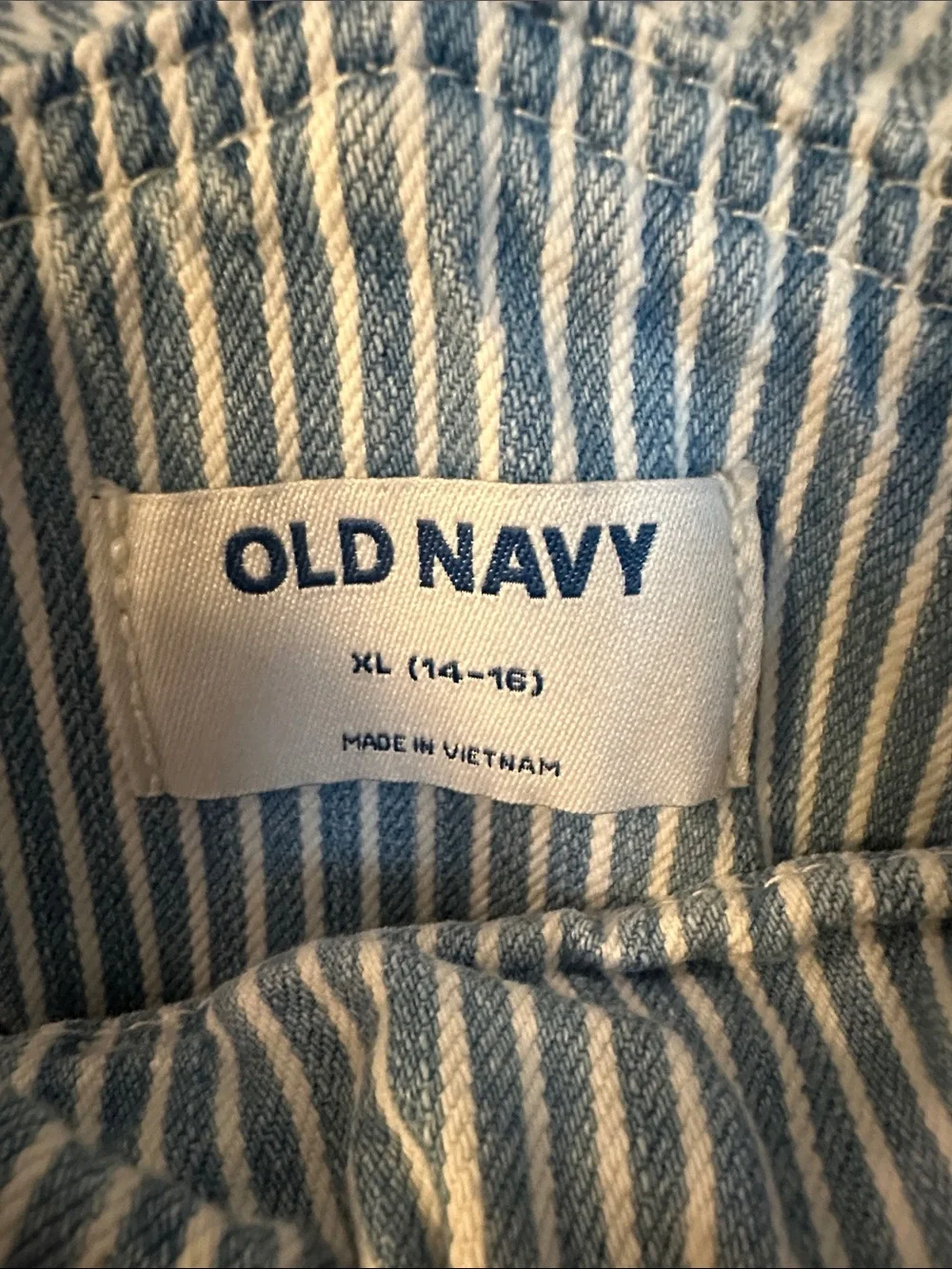 Old Navy Girls’ Blue and White Railroad Striped Raw Hem Short Overalls